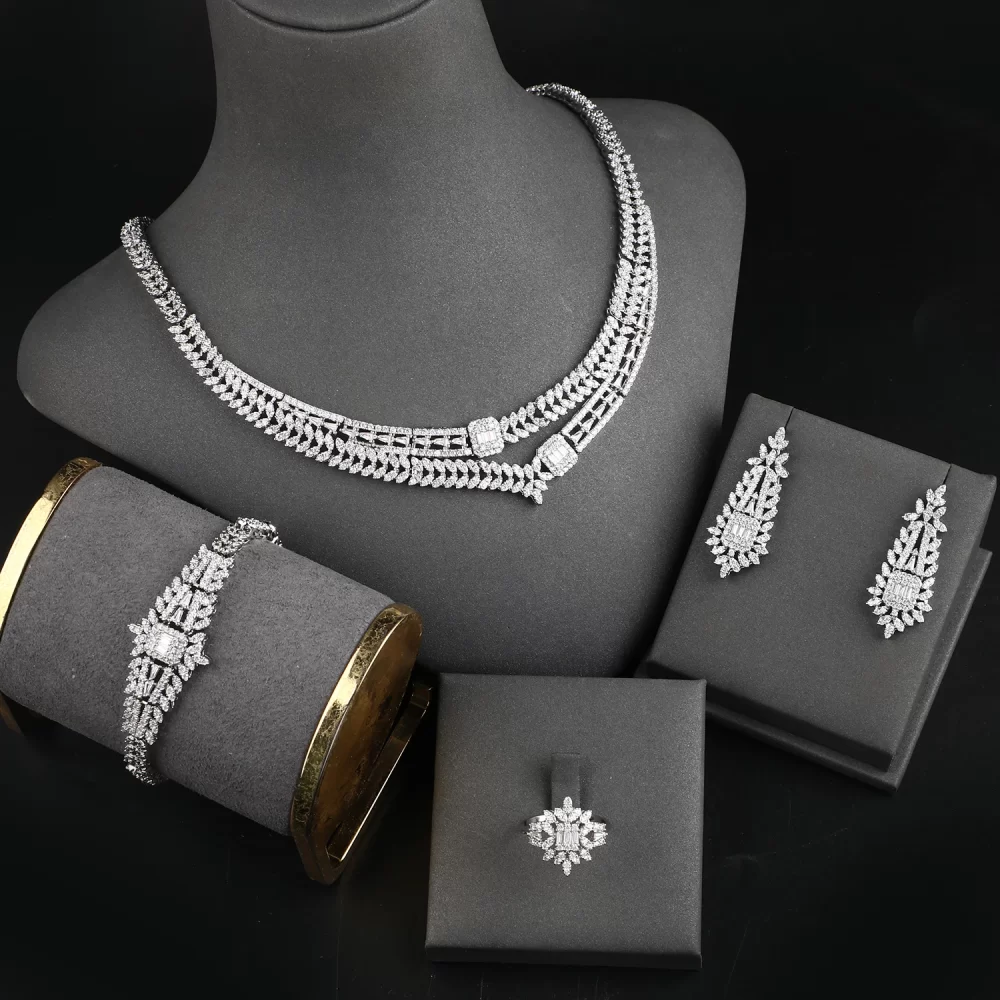 4pcs CZ wedding accessories diamond American pendant necklace Indian jewellery set bridal jewelry set - Image 2