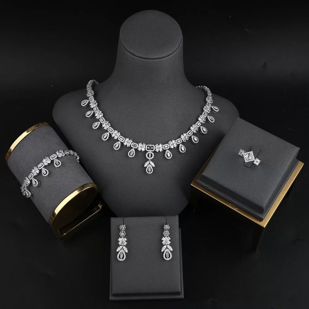 Africa Platinum Color Brass Sparkling Zircon Necklace Earrings Set Engagement Party Wedding Accessories Bridal Jewelry Sets - Image 2