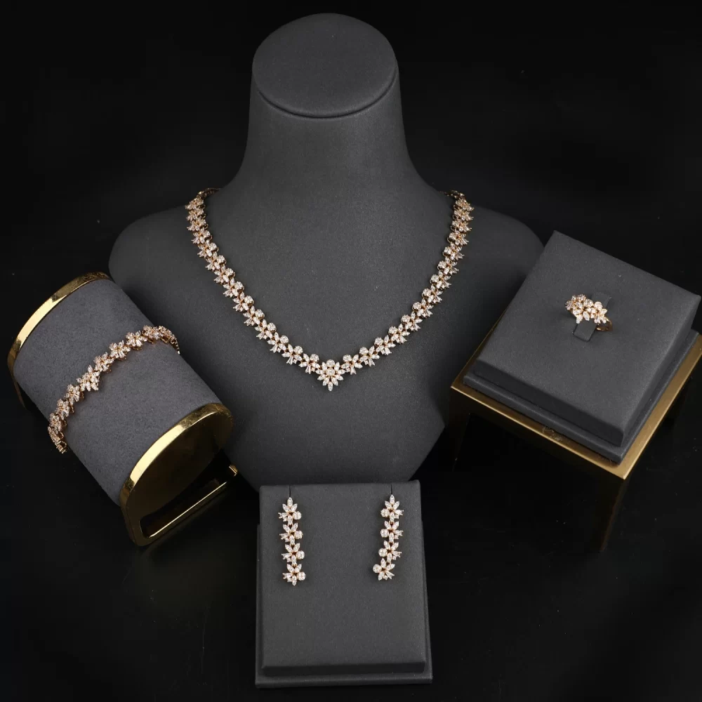 24K Gold Plated Dubai Bridal Jewelry Sets Zircon Jewellery Necklace Earring 4-piece Set Party Wedding Jewelry Sets