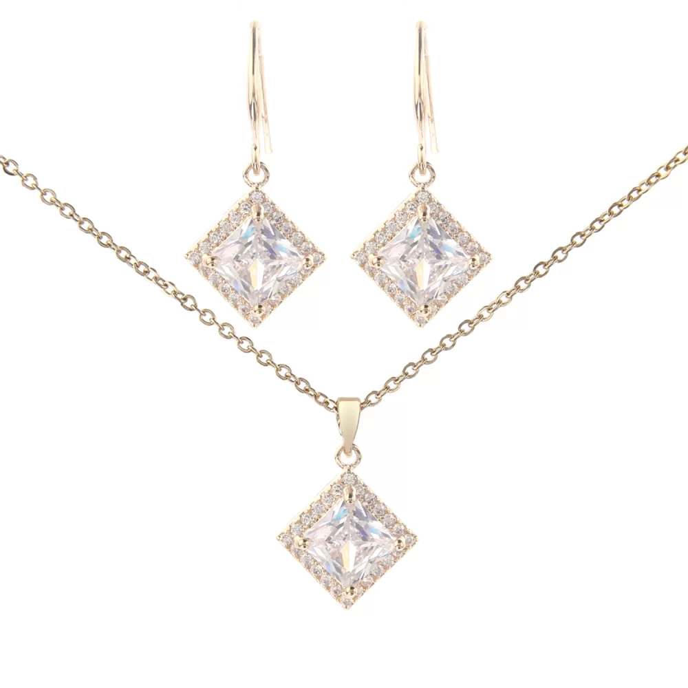 Fashion Gold Plated Minimalist Style Square Cubic Zirconia Pendant Earring Necklace Jewelry Set For Women