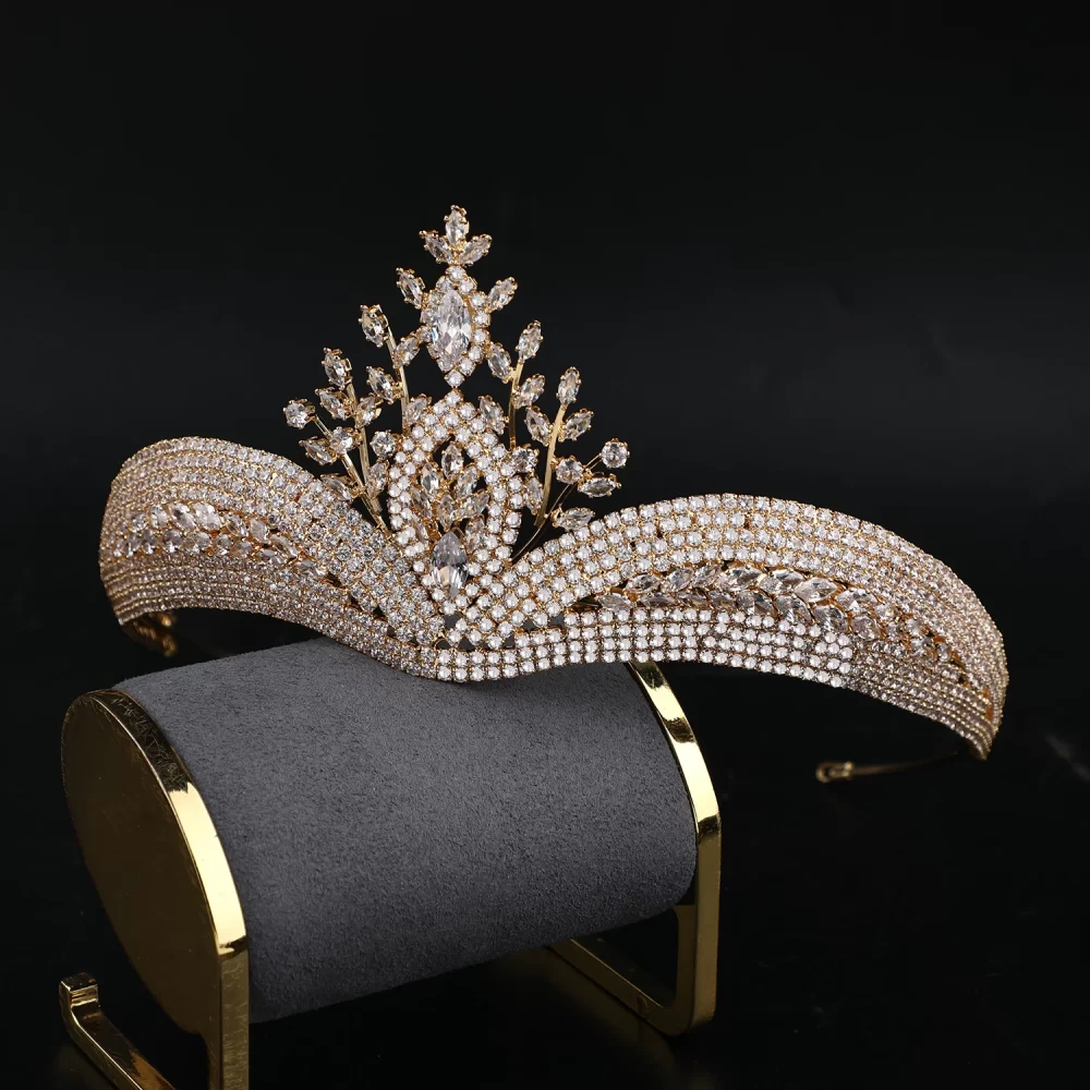 Vintage Arab Classic Dubai 24K Gold Plated Cubic Zirconia Crown Bridal Hair Accessories Tiara Women Wedding Crowns