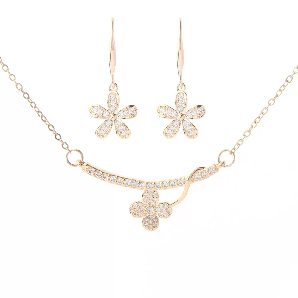 CZ Micro Pave Zircon Charm Flower Necklace And Earring Sets For Women And Girls Gold Plated Fashion Jewelry Sets