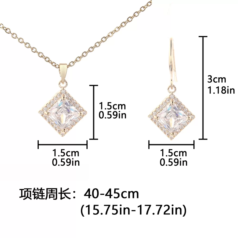 Fashion Gold Plated Minimalist Style Square Cubic Zirconia Pendant Earring Necklace Jewelry Set For Women - Image 5