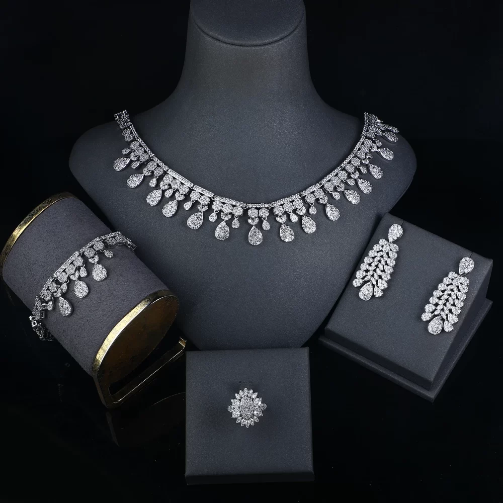 4pcs Platinum Plated XOXO Luxury CZ Zircon Dubai Necklace Set Jewellery Arabia Indian Wedding Bridal Jewelry Sets