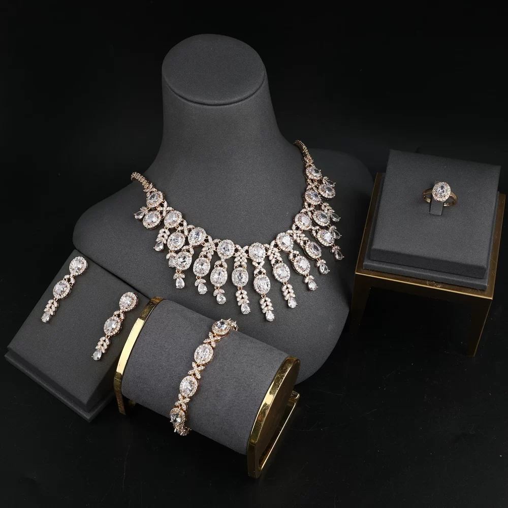 24K Gold Plated Luxury Cubic Zircon 4pcs Necklace Set Jewellery Women Indian Dubai Wedding Bridal Jewelry Sets