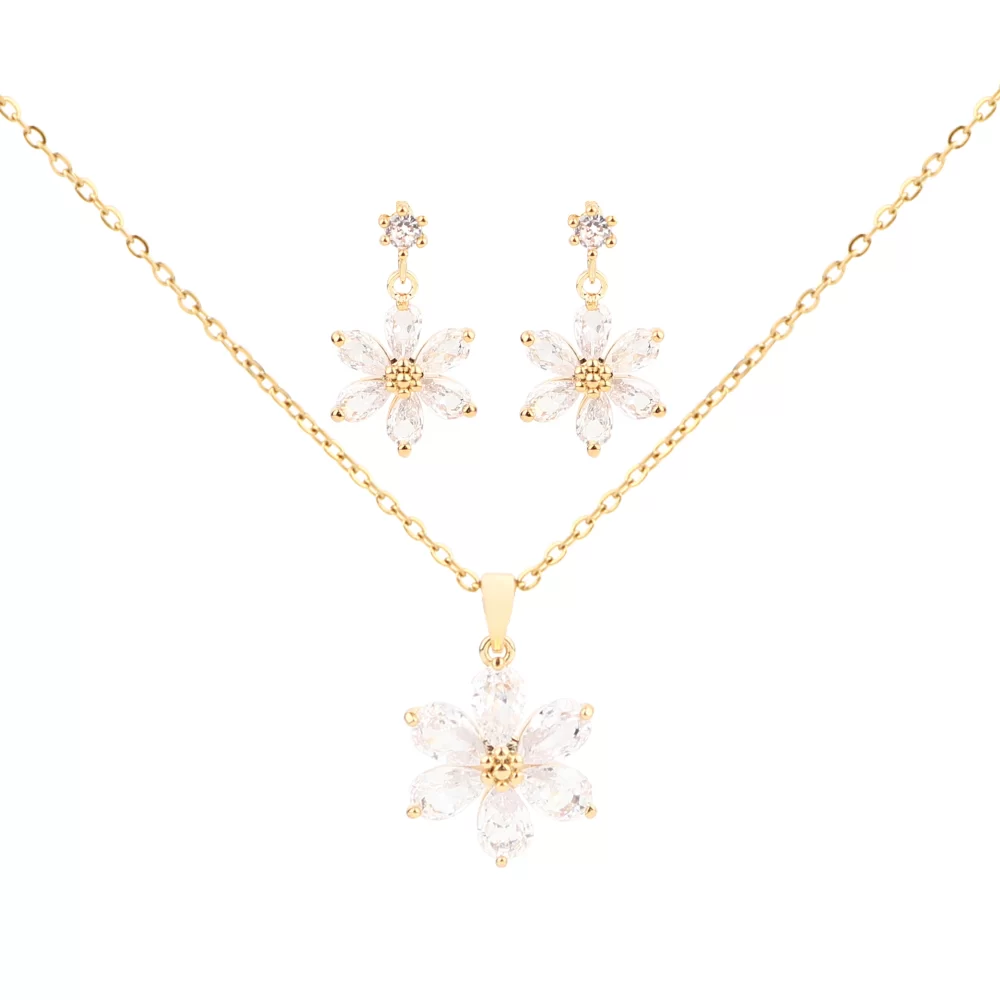 Gold Plated Jewellery Women Zircon Petal Flower Pendant Necklace And Earring Sets in Copper Alloy Jewelry Fashion Trend 2024