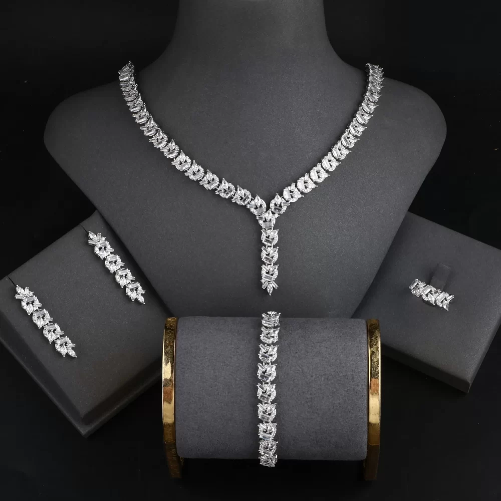 4 Pcs/Sets Zircon Necklace Bracelet Earrings Ring Prom Party Wedding accessories jewellery Platinum Plated Bridal Jewelry Sets