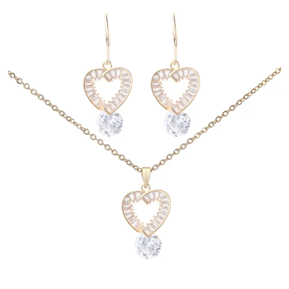 Fashion Diamond Cubic Zirconia Pendant Heart Necklace And Earring Sets Women Gold Plated Jewelry Sets