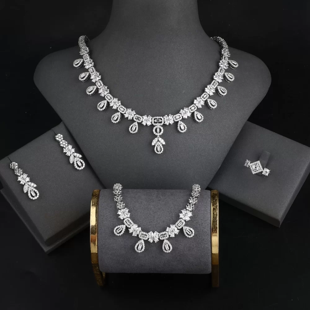 Africa Platinum Color Brass Sparkling Zircon Necklace Earrings Set Engagement Party Wedding Accessories Bridal Jewelry Sets