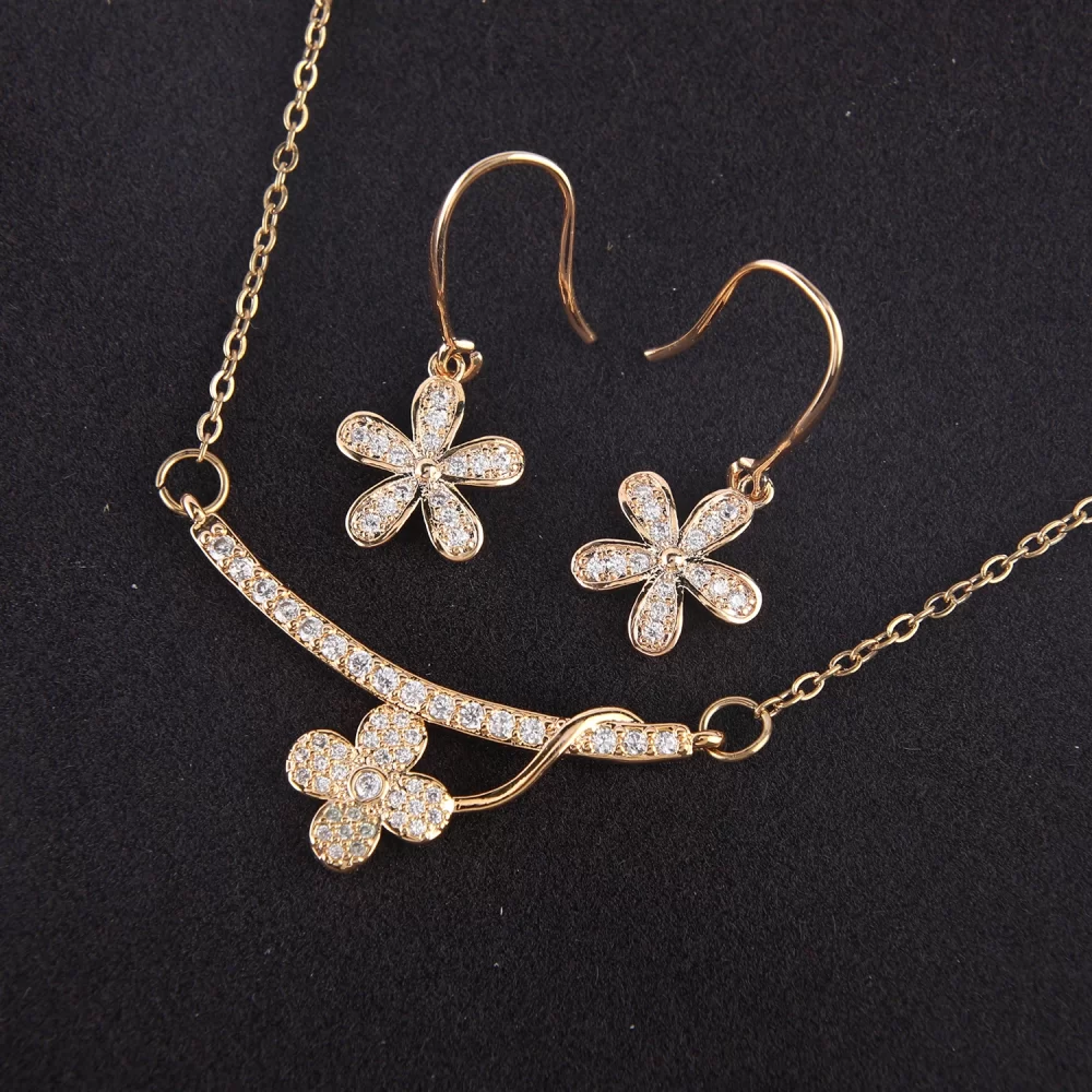 CZ Micro Pave Zircon Charm Flower Necklace And Earring Sets For Women And Girls Gold Plated Fashion Jewelry Sets - Image 2